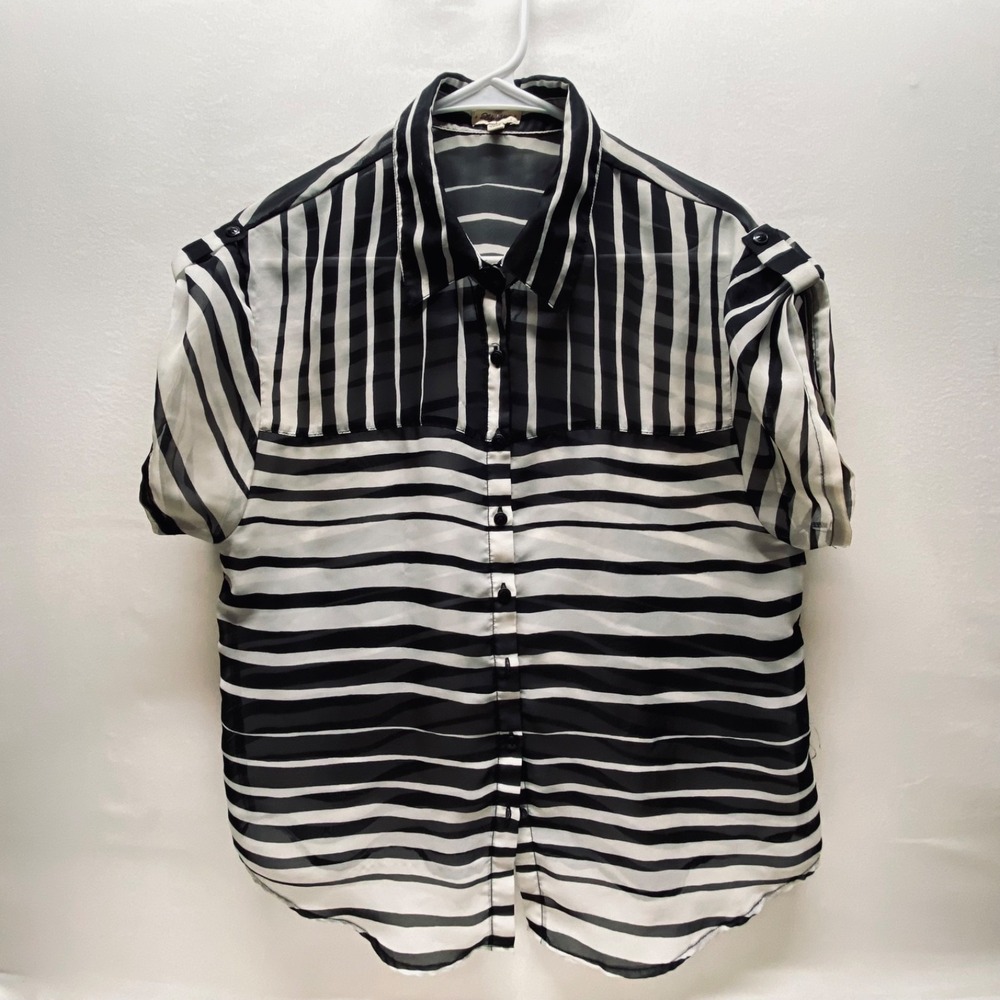 Lily Star Short Sleeve Blouse Women's Large Black White Sheer Button Down (Read)